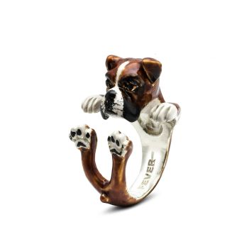 Dog Fever Sterling Silver Boxer Enamel Hug Ring Size 6
