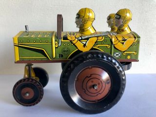 Vintage 1940s Marx " Jumpin " Army Jeep Tin Wind Up Toy Crazy Car Great