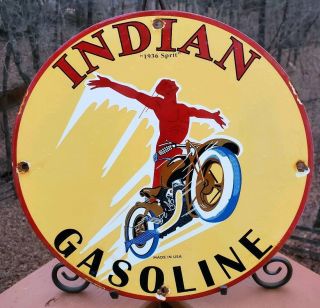 Vintage 1936 Spirit Indian Motorcycle Gasoline Porcelain Enamel Dealership Sign