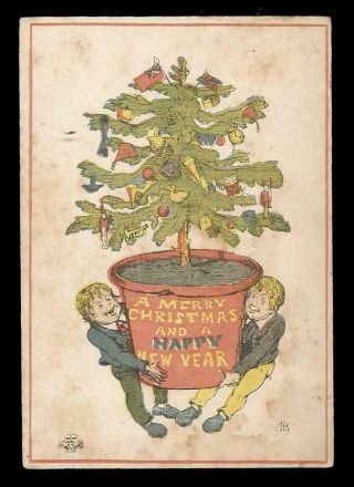 Y36 - Boys And Xmas Tree - Charles H.  Bennett - 1860s - Goodall - Victorian Card