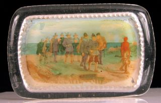 " The March Of Myles Standish " Plymouth Mass Glass Paperweight Indian Pilgrims