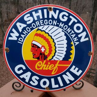 Vintage Washington Chief Gasoline / Motor Oil Porcelain Gas Pump Sign