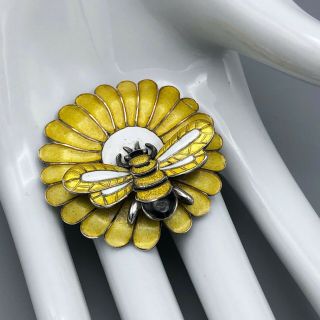 Vtg Margot De Taxco Enamelled Sterling Brooch Bee On Flower Yellow Black