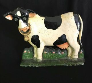 Vintage Cast Iron Hand Painted Doorstop Cow Very Heavy 12 Lbs Authentic