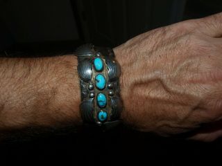 Vtg Signed Ra Lewis Navajo Sterling Silver Turquoise Cuff Bracelet 69 Grams