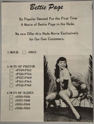Vintage 1958 Bowery Enterprises Bettie Page Pin - Up Movies Mail Order Pamphlet