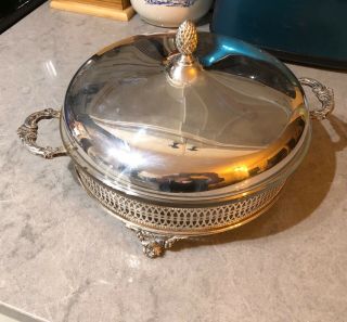 Vintage Sheffield Silver Co.  Silver Plate Casserole Dish W/lid Pyrex Bowl Insert