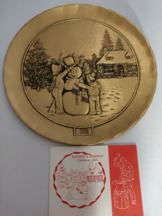 Vintage Wendell August Forge Bronze Plate Christmas 1989 " Building A Snowman "