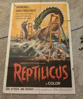 Reptilicus Movie Poster 1962 41 " X 27 " Vintage Monster Movie Poster 1960s Scifi