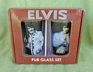 Set Of 2 Elvis Presley 16 Oz Pub Drinking Glasses Tumblers - Nib