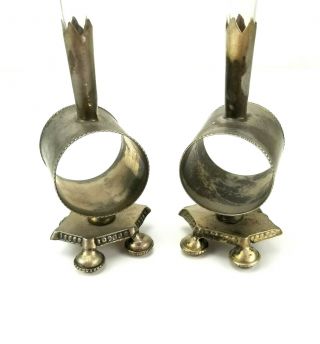 Set Of 2 Antique Silver Plate Footed Napkin Ring Holder With Glass Bud Vase
