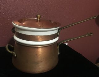 Vintage Mod B & M Douro Copper Ceramic Double Boiler Pot With Lid Brass Handles