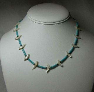 Vintage Turquoise Zuni Bird Fetish Necklace Native American Indian Silver Mop