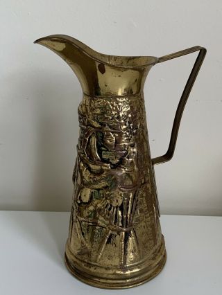 Vintage Peerage Brass Embossed Pub Scene Pitcher Made In England With Patina 10”