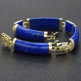 Estate 14k Yellow Gold Lapis Lazuli Dragon Link Bracelet 13.  9 Grams 6.  5 Inches