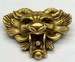 Vintage 10k Yellow Gold Lion Dragon Beast Brooch W/ Clear And Red Stones Wowza