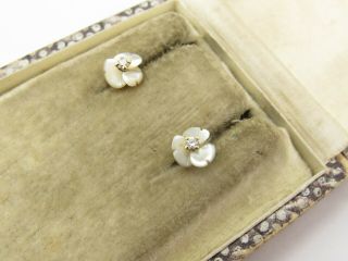 Vintage 9k 9ct 375 Gold Diamond & Mother Of Pearl Stud Earrings 2