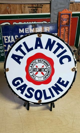 Atlantic Gasoline Porcelain Sign Vintage Gas Oil Brand Pump Plate Service