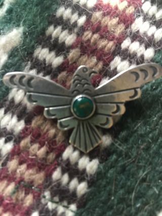 Vintage Fred Harvey Era Sterling Silver & Green Turquoise Thunderbird Pin Brooch