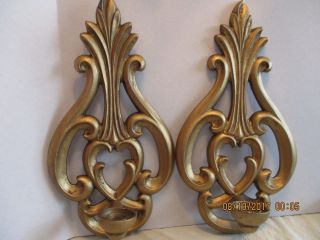 Pair 2 Antiqued Brushed Gold Metal Scroll Wall Hanging Taper Candle Holders