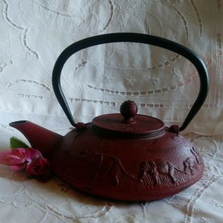 Vintage Red Teavana Cast Iron Tea Pot With Handle & Lid W/ Elephant Decor