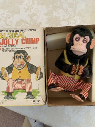 Vintage 1950s Daishin Musical Jolly Chimp Cymbal Monkey Toy Box.