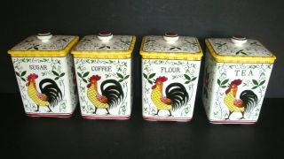 4 Vintage Ucagco (py) Rooster & Roses Canister Set Sugar Coffee Flour Tea