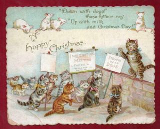 Victorian Down With Dogs Nister No 4709 Cats Christmas Greeting Card