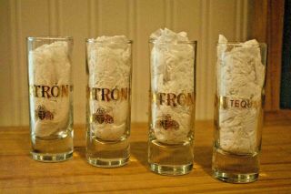 Set Of 4 Tall,  Gold Patron Tequila And Bumble Bee Logo Shot Glass Shooters