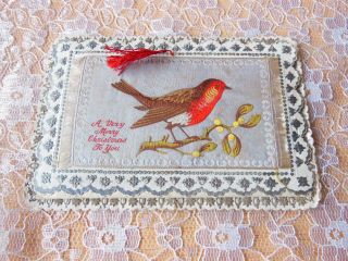 Victorian Christmas Card/embroidered Silk Robin/pop - Up 3d Scene Inside
