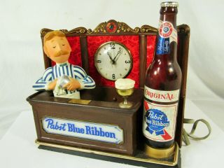 Vintage Pabst Blue Ribbon Bartender Clock Metal Back Bar Countertop Display Sign