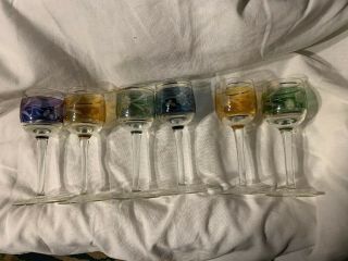 Set Of 6 Small Colored Etched Crystal/glass Wine Glasses Made In Hungary Vintag