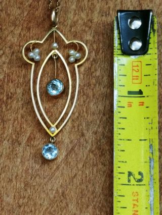 Vintage 9 Carat Gold Seed Pearl And Aqua Marine.  Or Topaz Lavalier Pendant