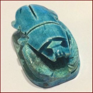 Large Vintage Egyptian Blue Carved Stone Lucky Charm/beetle/scarab/amulet/bead