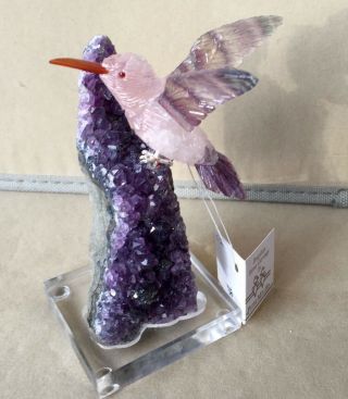 Hummingbird Of Rose Quartz And Fluorite On Amethyst 4 3/4 " - Peter Muller
