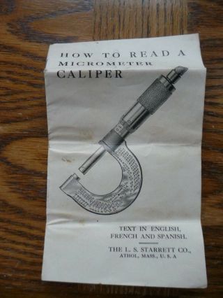 Vintage Starrett " How To Read Micrometer Caliper " Machinist Instruction Book