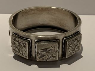 Victorian Sterling Silver Engraved Birds English Cuff Bangle Bracelet Etruscan