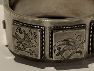 Victorian Sterling Silver Engraved Birds English Cuff Bangle Bracelet Etruscan 3