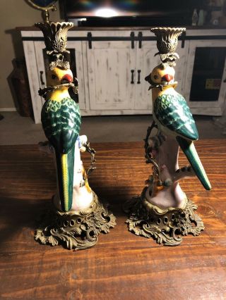 Porcelain Cast Bronze Parrot Bird 15 " Candlestick Holders Vintage Left Right Set