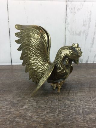 Vintage Brass Fighting Rooster Cock Figurine Statue Metal Feathers 6.  5 " Tall