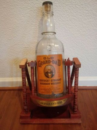 Vintage Old Grand - Dad 18 " Whiskey Bottle W/ Wood Rocking Stand Large