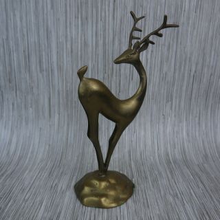 13 Inch Brass Deer Buck Standing On Rock.  Home Decor.  Statue Nature Figurine