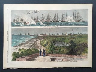 Florida Bay.  1874 Harper’s Weekly Hand Colored Print The Naval Review - Key West
