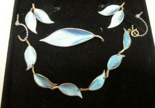 David Andersen Sterling Silver Blue Guilloche Enamel Leaf Bracelet Earrings Pin