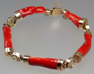Unique Vintage Chinese Mid Century 14k Gold Red Branch Coral Characters Bracelet