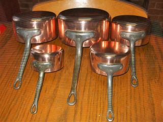 Vintage French Set 5 Copper Cuisine Sauce Pan Tin Lined Metal Handles