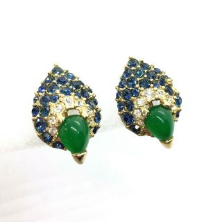 Vtg Boucher Signed Clip On Earrings Peacock Rhinestones Blue Green Clear