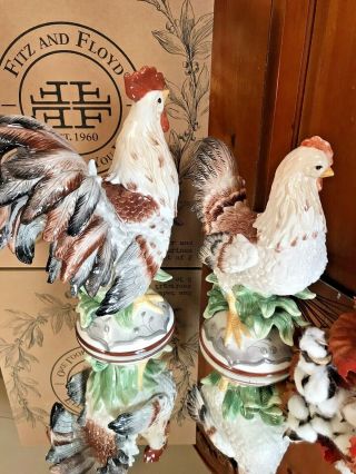 Fitz & Floyd Rooster And Hen Pair Set Figurines Nib Glossy Porcelain