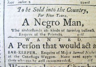 1788 Philadelphia Pa Newspaper With Slave Ad & Runaway Slave Reward Ad