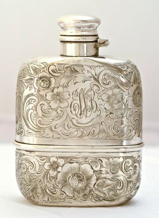Antique Sterling Silver Hip Flask With Ornate Chased Floral Motif & Vermeil Cup